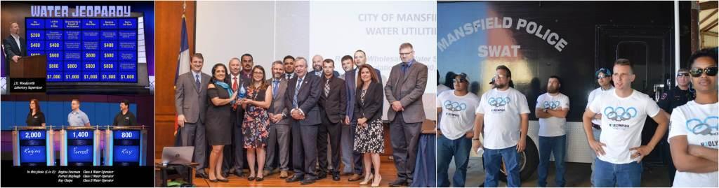 The City of Mansfield's Water Jeopardy, receiving the award, and the water olympics with local police officers.